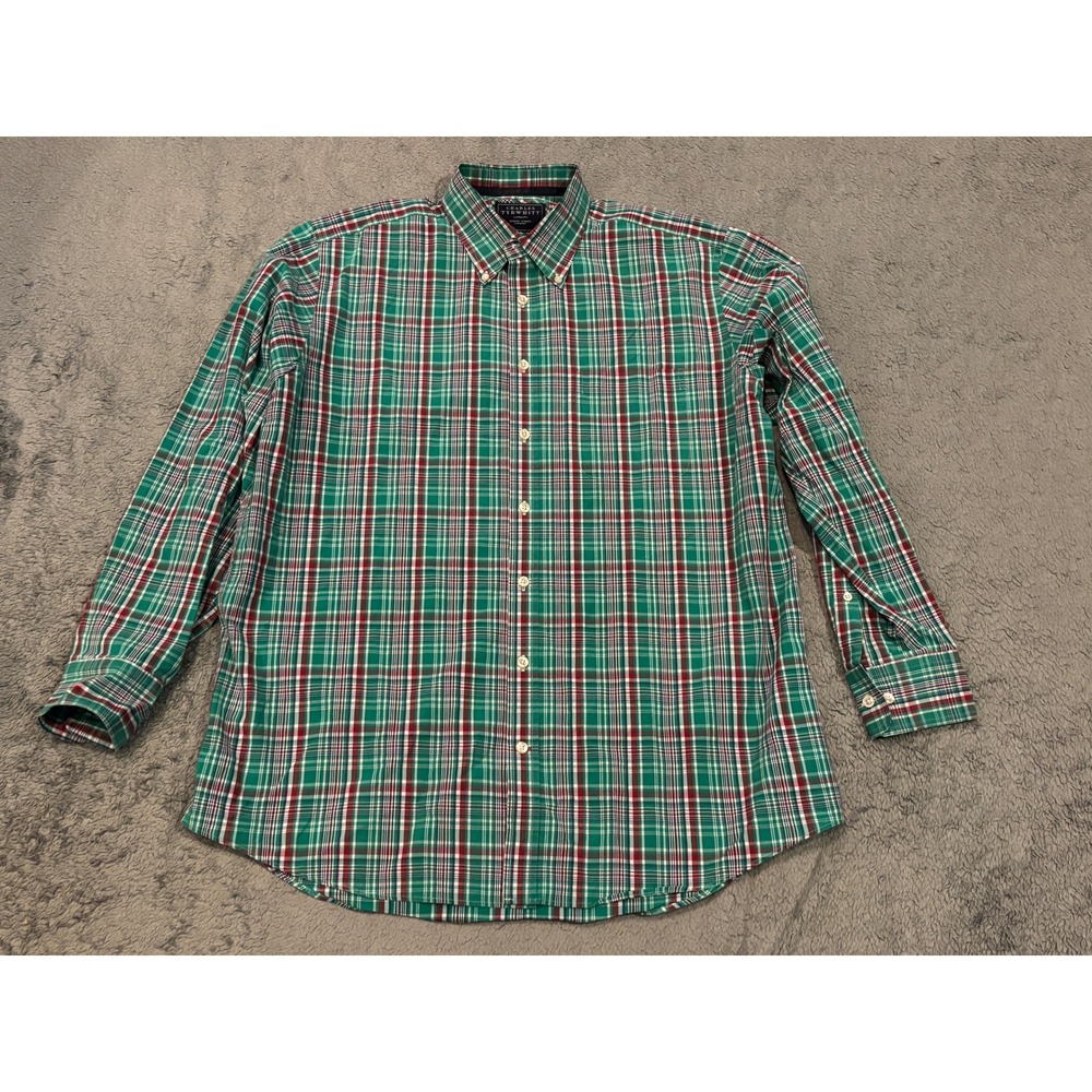 Charles Tyrwhitt Mens Large Classic Fit Poplin Plaid Button Down Shirt Green Red